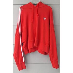 Adidas Women Hooded Crop 3 Stripe Drop Shoulder Cotton Sweatshirt Red 2XL (24-26